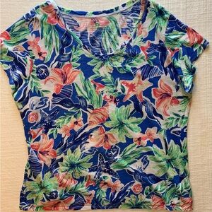 Tropical Floral V-Neck Short Sleeve Top